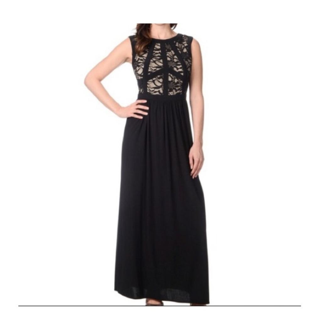 R & M Collection Black Tan Evening Gown Lace‎ Bodice Low Back Formal Guest Party